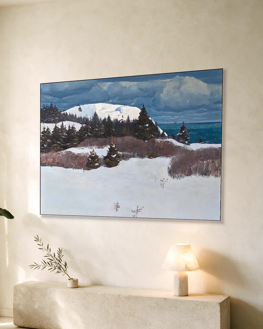 De kust van Maine in een aluminium frame aan dezelfde muur