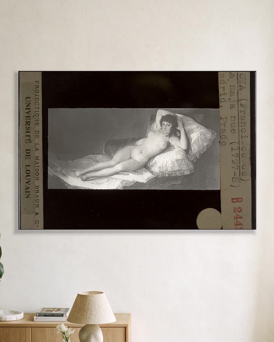 De Naakte Maja in een aluminium frame aan dezelfde muur