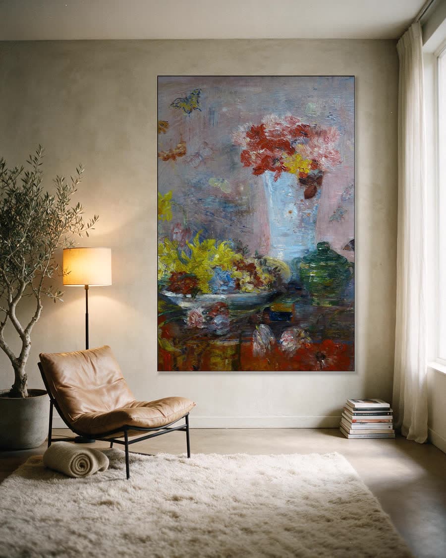 Bloemen en vlinders in een aluminium frame aan dezelfde muur