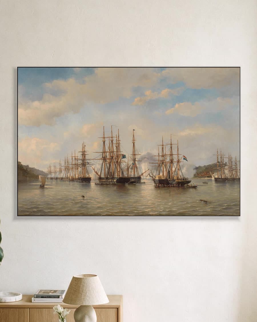 De Nederlandse, Engelse, Franse en Amerikaanse eskaders in de Japanse wateren tijdens de expeditie onder leiding van de Franse commandant Constant Jaurès, september 1864 in een aluminium frame aan dezelfde muur
