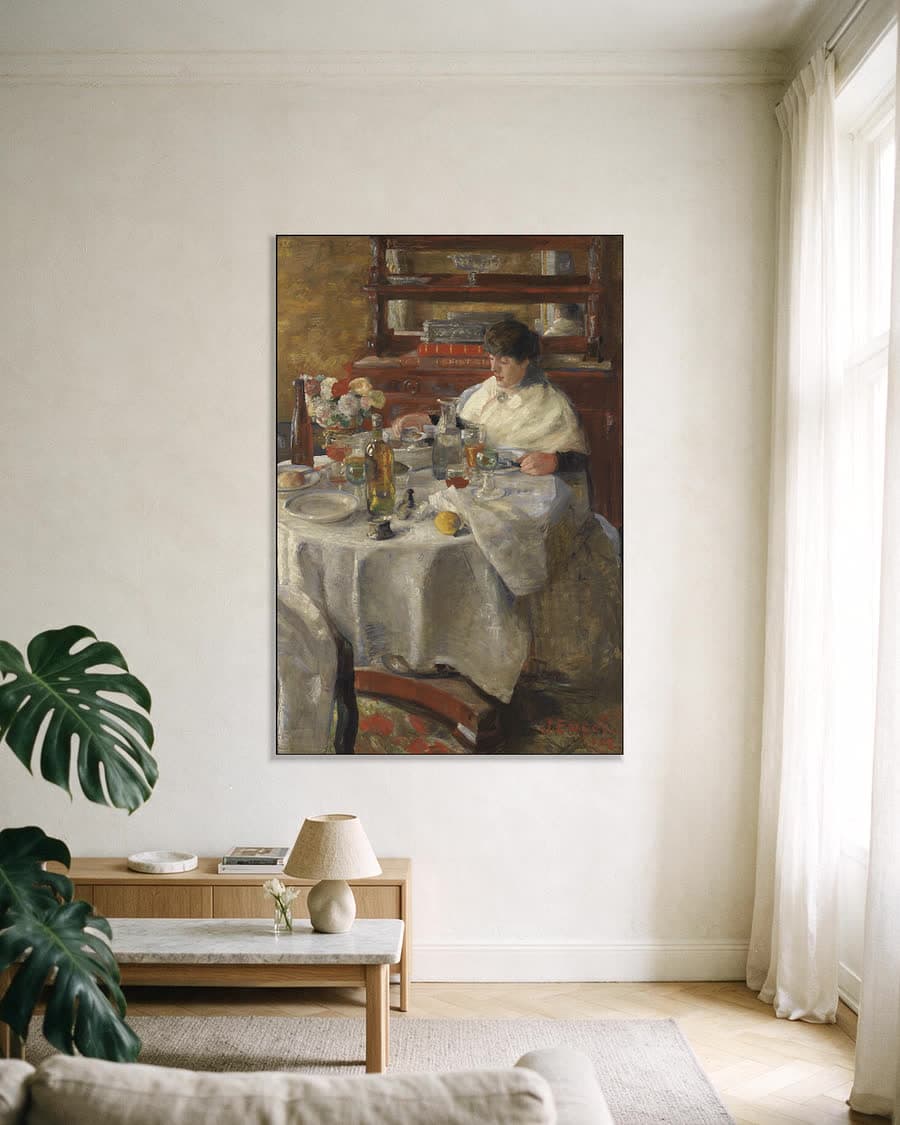 De oestereetster in een aluminium frame aan dezelfde muur