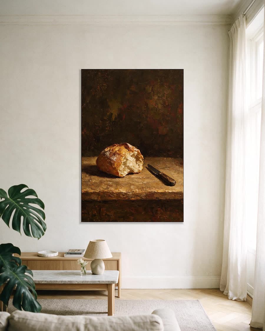 Brood en mes in een aluminium frame aan dezelfde muur