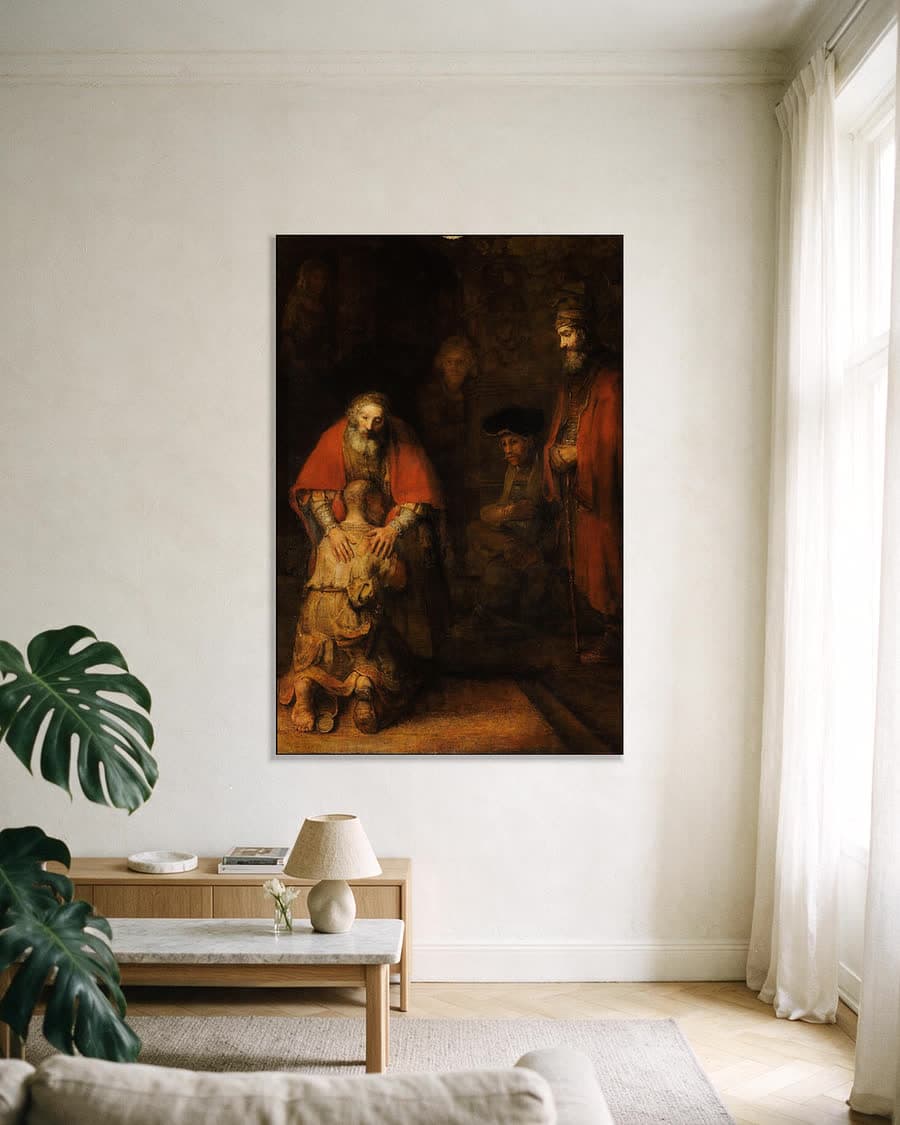 De terugkeer van de verloren zoon in een aluminium frame aan dezelfde muur