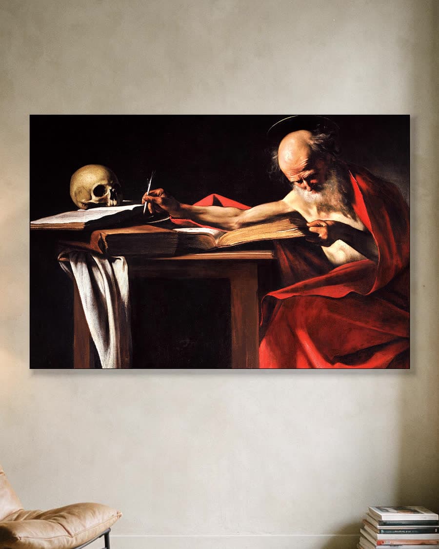 De heilige Hiëronymus schrijvend in een aluminium frame aan dezelfde muur