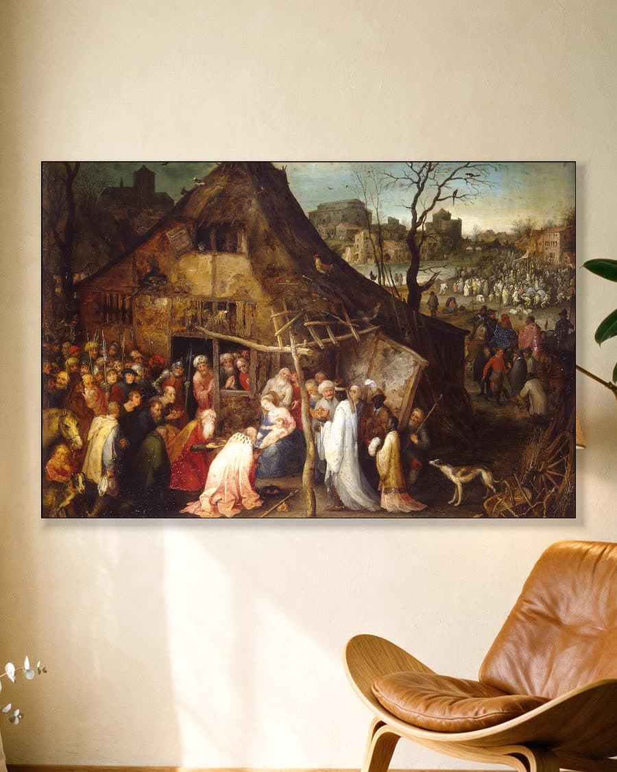 Aanbidding door de koningen in een aluminium frame aan dezelfde muur