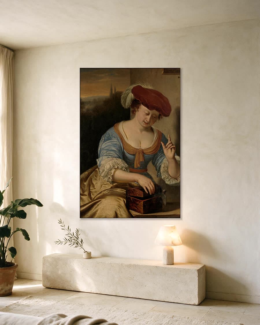 De ontsnapte vogel: allegorie op de verloren kuisheid in een aluminium frame aan dezelfde muur