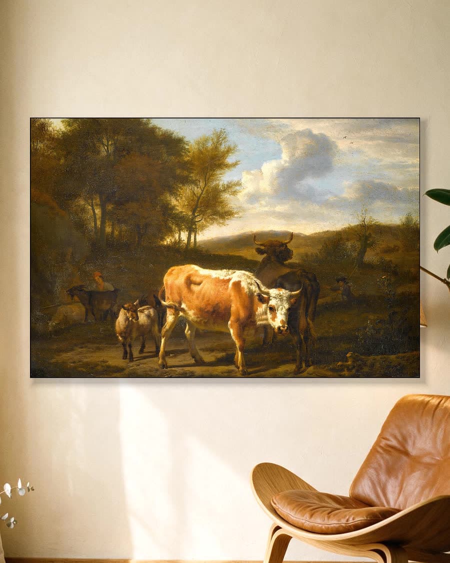 Berglandschap met koeien in een aluminium frame aan dezelfde muur
