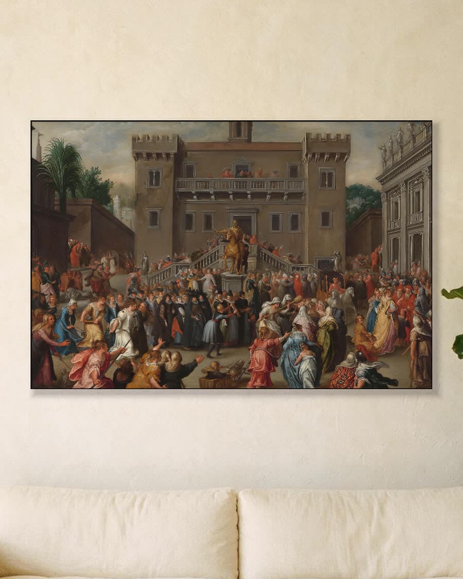De opstand van de vrouwen van Rome op het Capitool vanwege Papirius in een aluminium frame aan dezelfde muur
