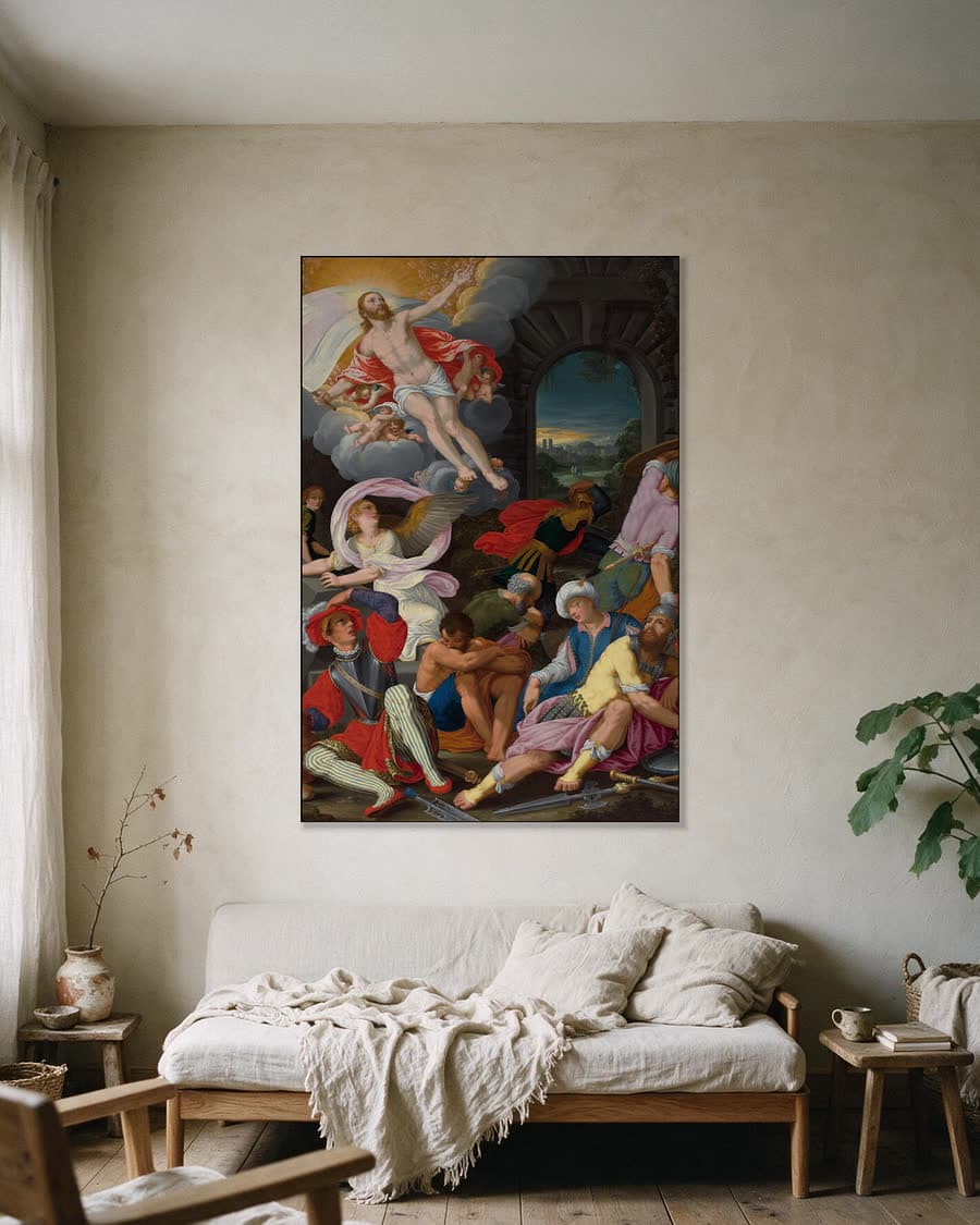 De opstanding van Christus in een aluminium frame aan dezelfde muur