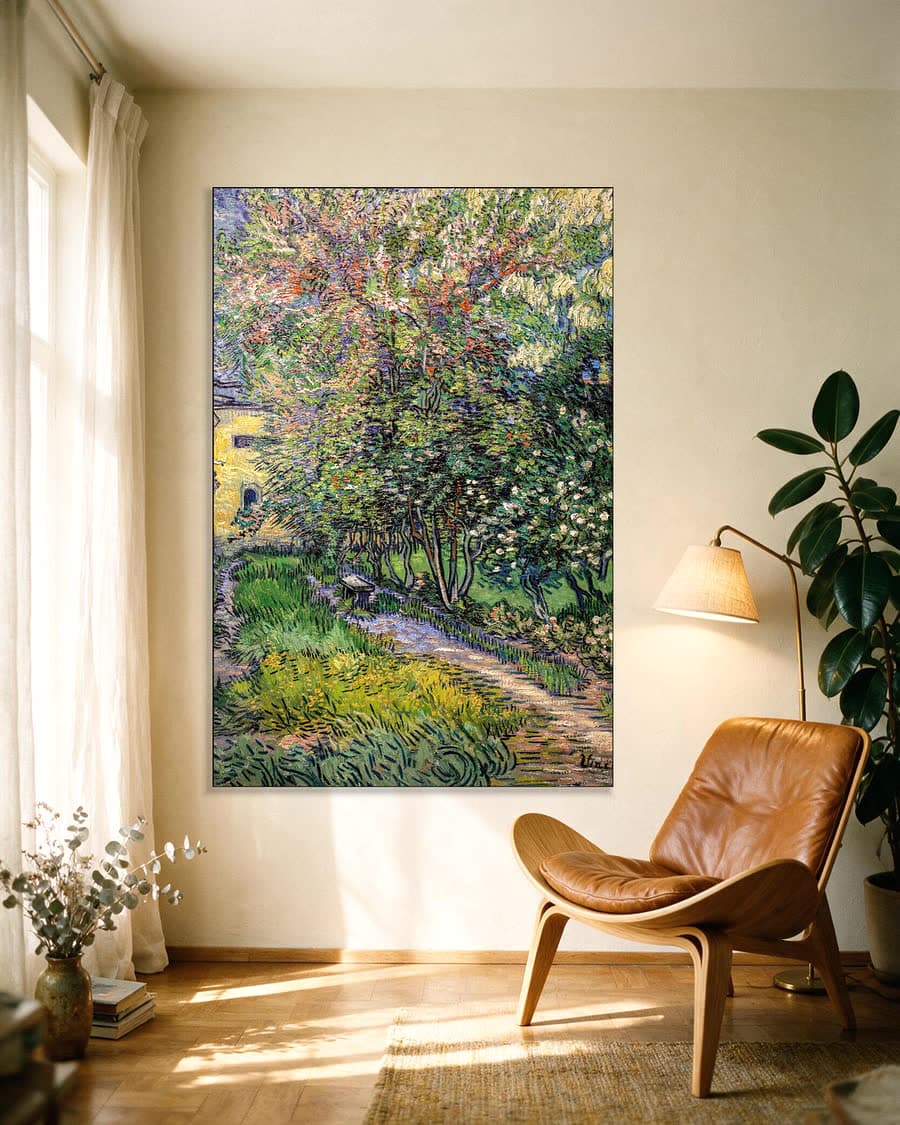 De tuin van het gesticht in Saint-Rémy in een aluminium frame aan dezelfde muur