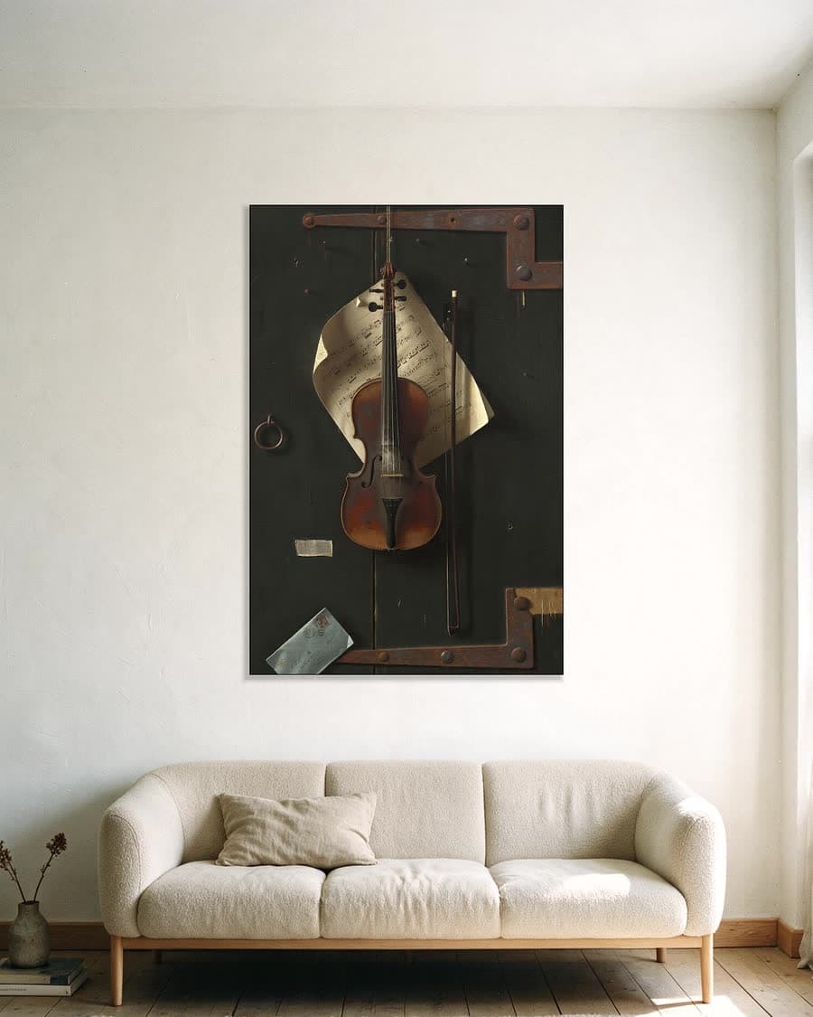 De oude viool in een aluminium frame aan dezelfde muur