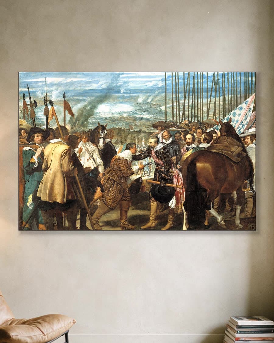 De Overgave van Breda (Las Lanzas) in een aluminium frame aan dezelfde muur