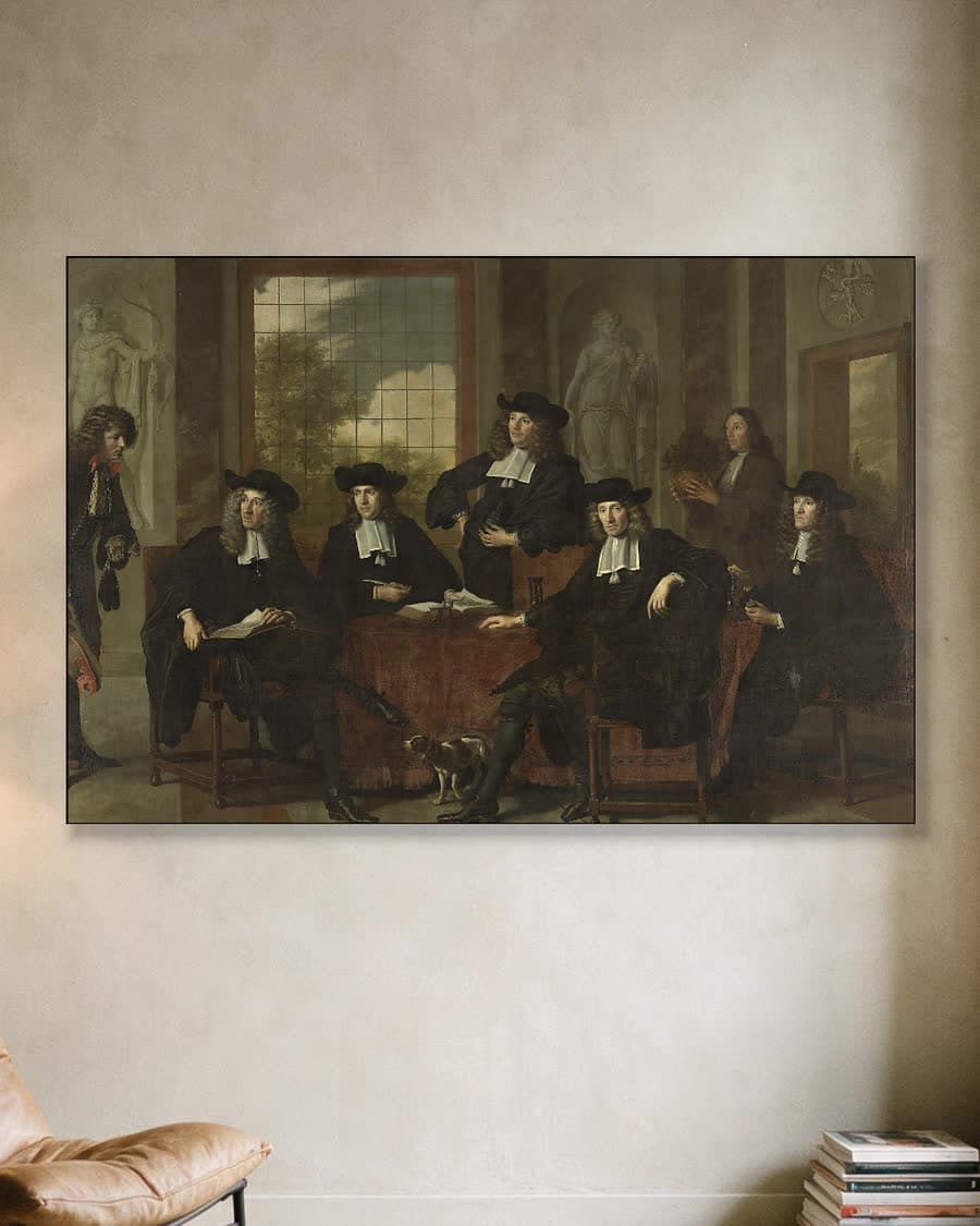 De overlieden van het Collegium Medicum in Amsterdam in een aluminium frame aan dezelfde muur