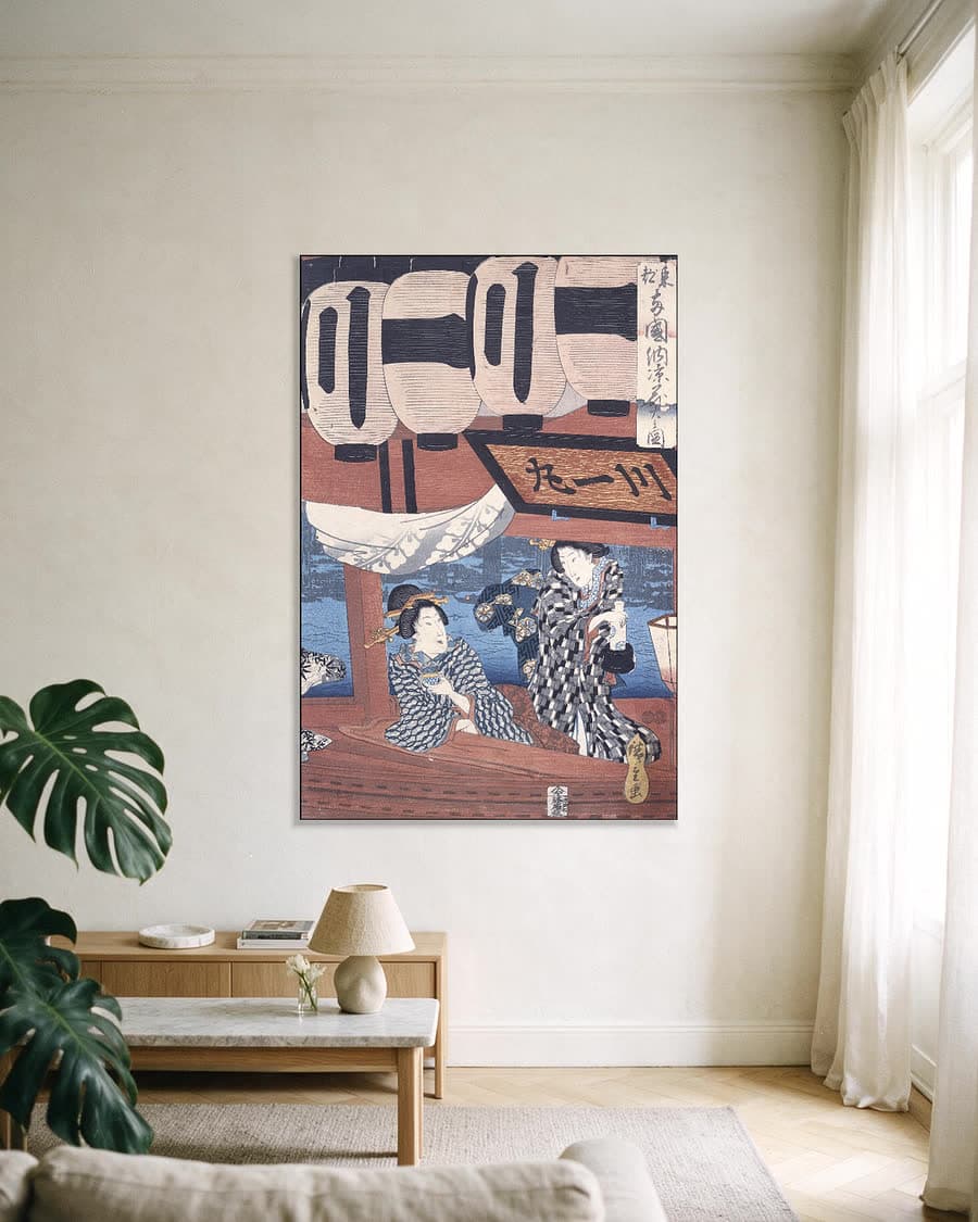 Vuurwerk en avondkoelte bij de Ryōgoku-brug in een aluminium frame aan dezelfde muur
