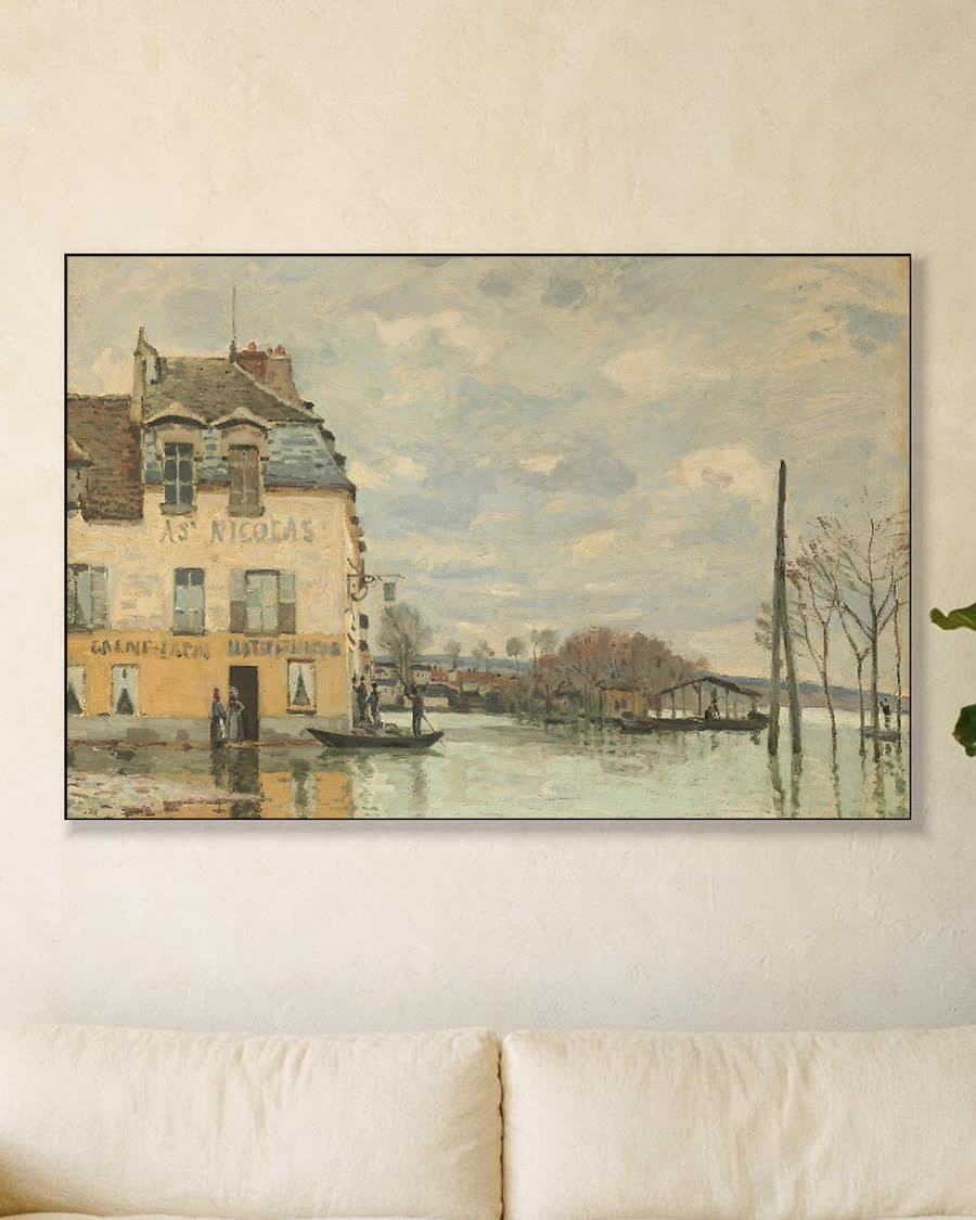 De overstroming bij Port-Marly in een aluminium frame aan dezelfde muur