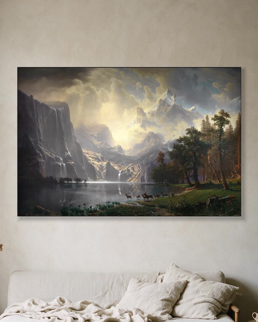 Among the Sierra Nevada, California (1868) in een aluminium frame aan dezelfde muur