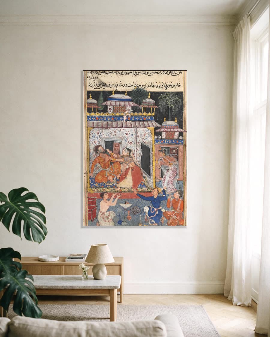 De bedrieglijke vrouw valt haar dwalende echtgenoot aan, uit een Tutinama in een aluminium frame aan dezelfde muur