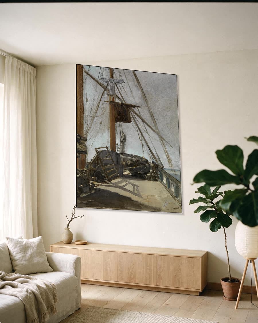 Het scheepsdek in een aluminium frame aan dezelfde muur