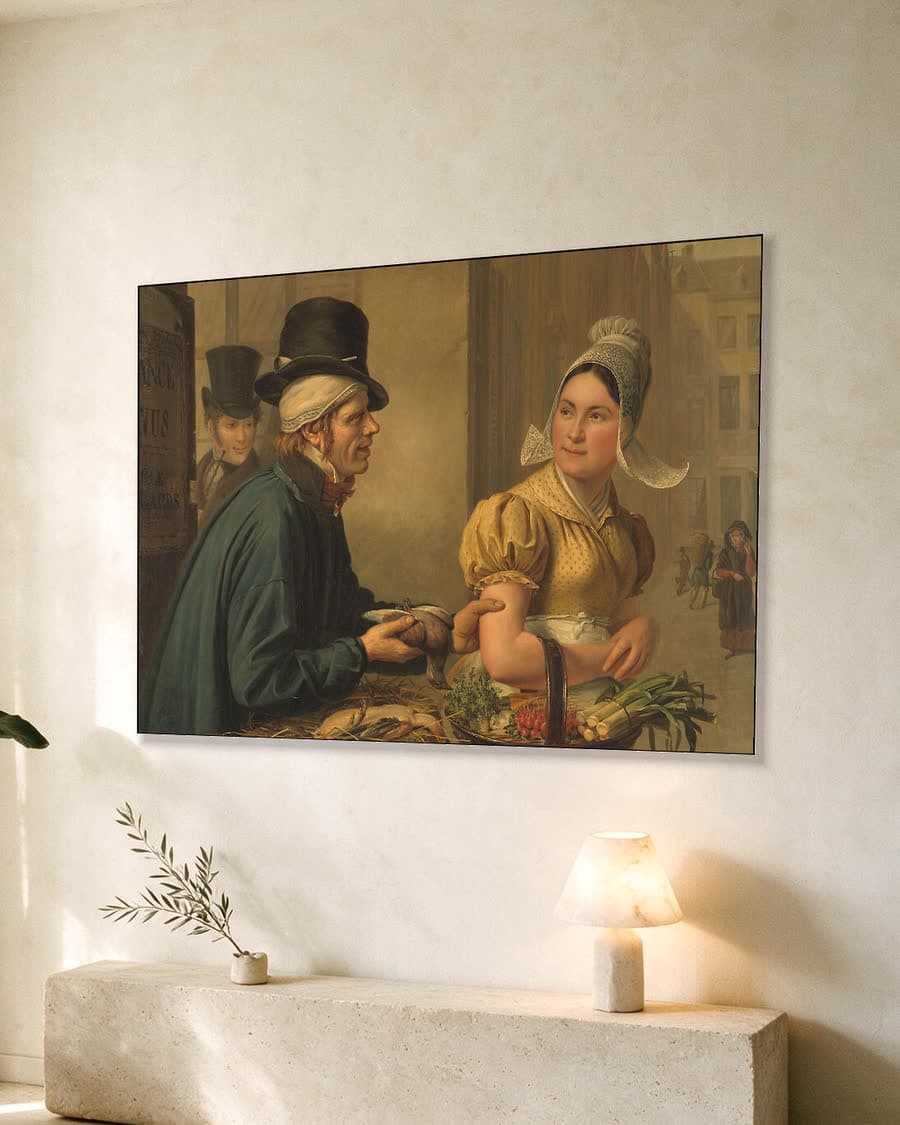 De pluimveehandelaar in een aluminium frame aan dezelfde muur