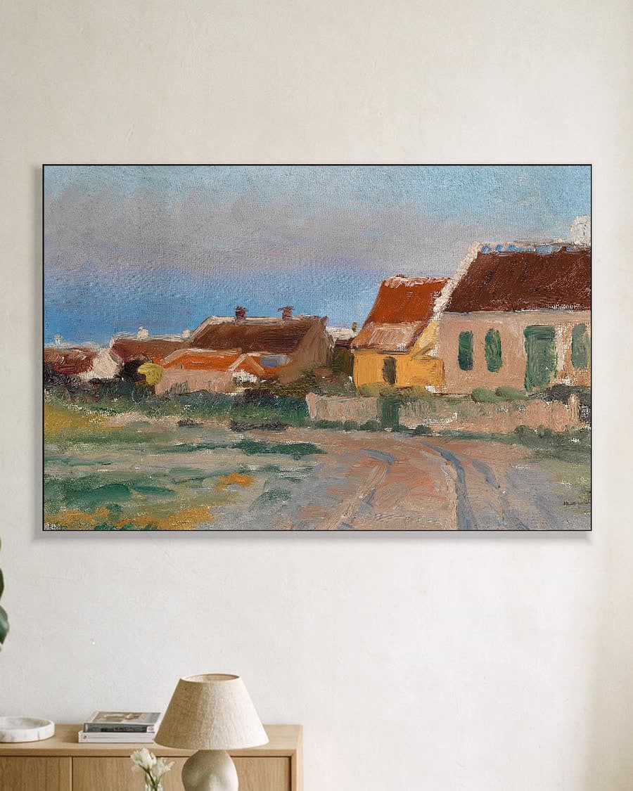 Gezicht op Skagen Østerby met de karakteristieke witte huizen in een aluminium frame aan dezelfde muur