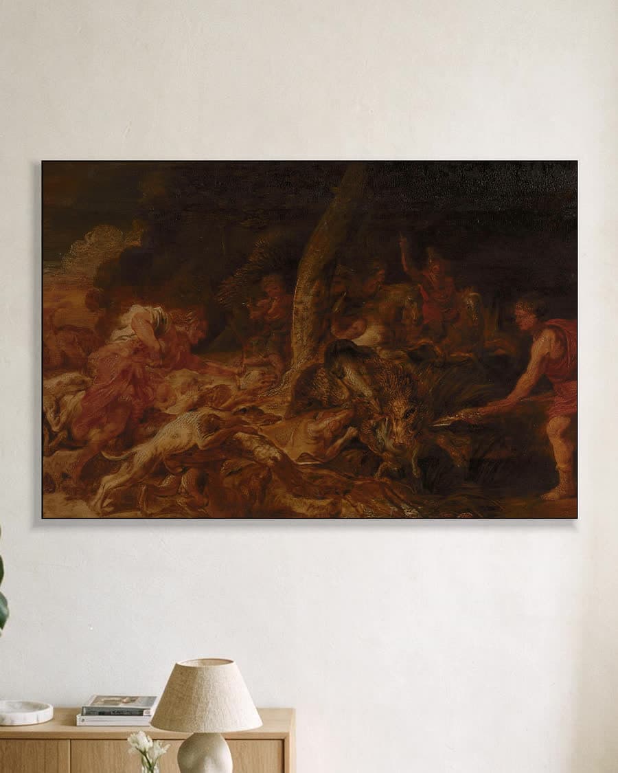 De Calydonische everzwijnjacht in een aluminium frame aan dezelfde muur