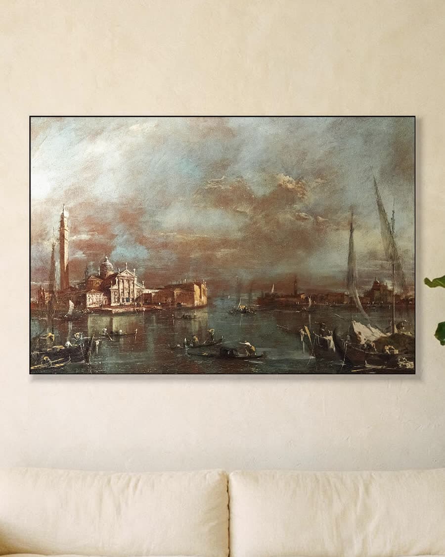 Venetiaanse haven in de schemering in een aluminium frame aan dezelfde muur