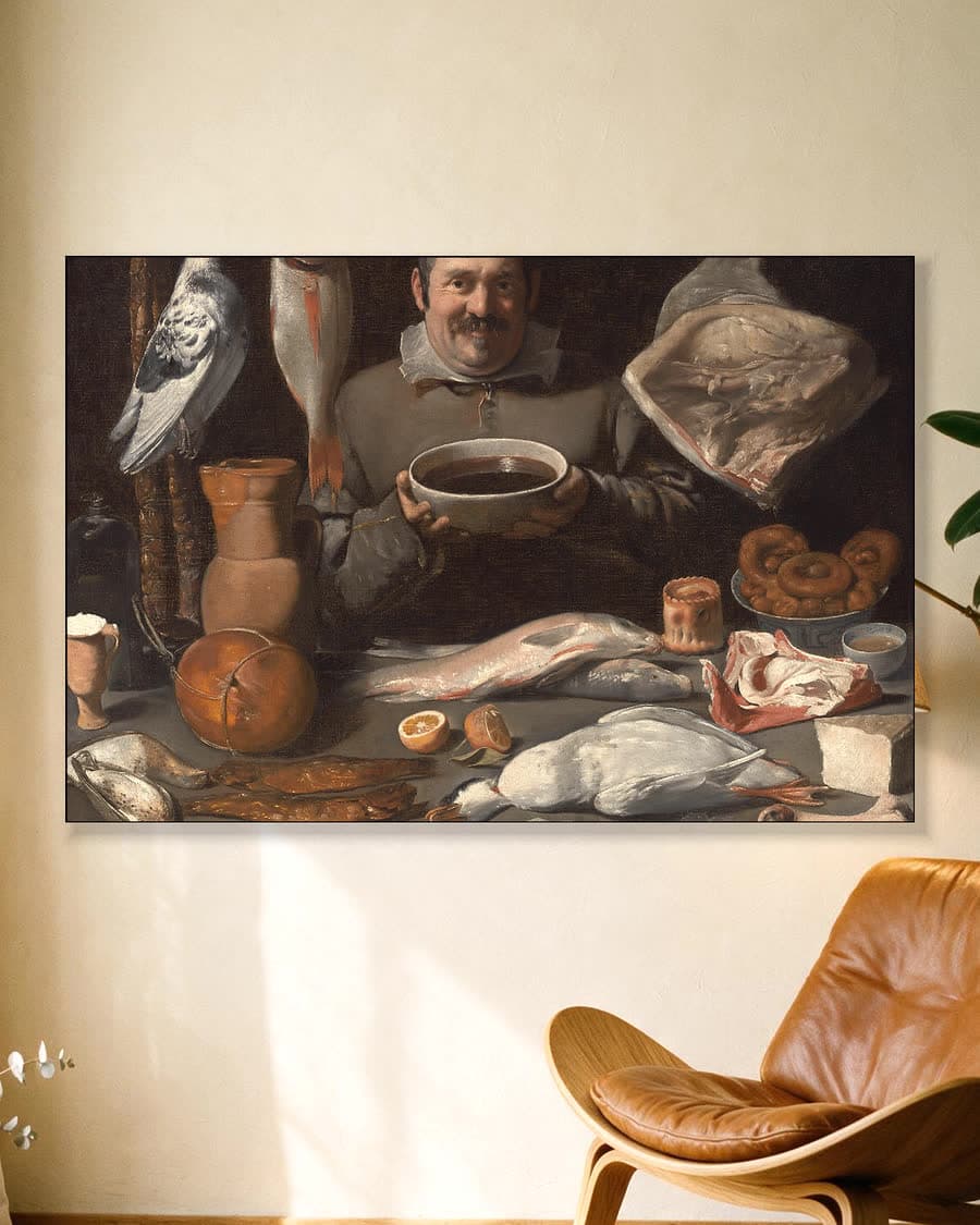Keukenstuk (bodegón) in een aluminium frame aan dezelfde muur