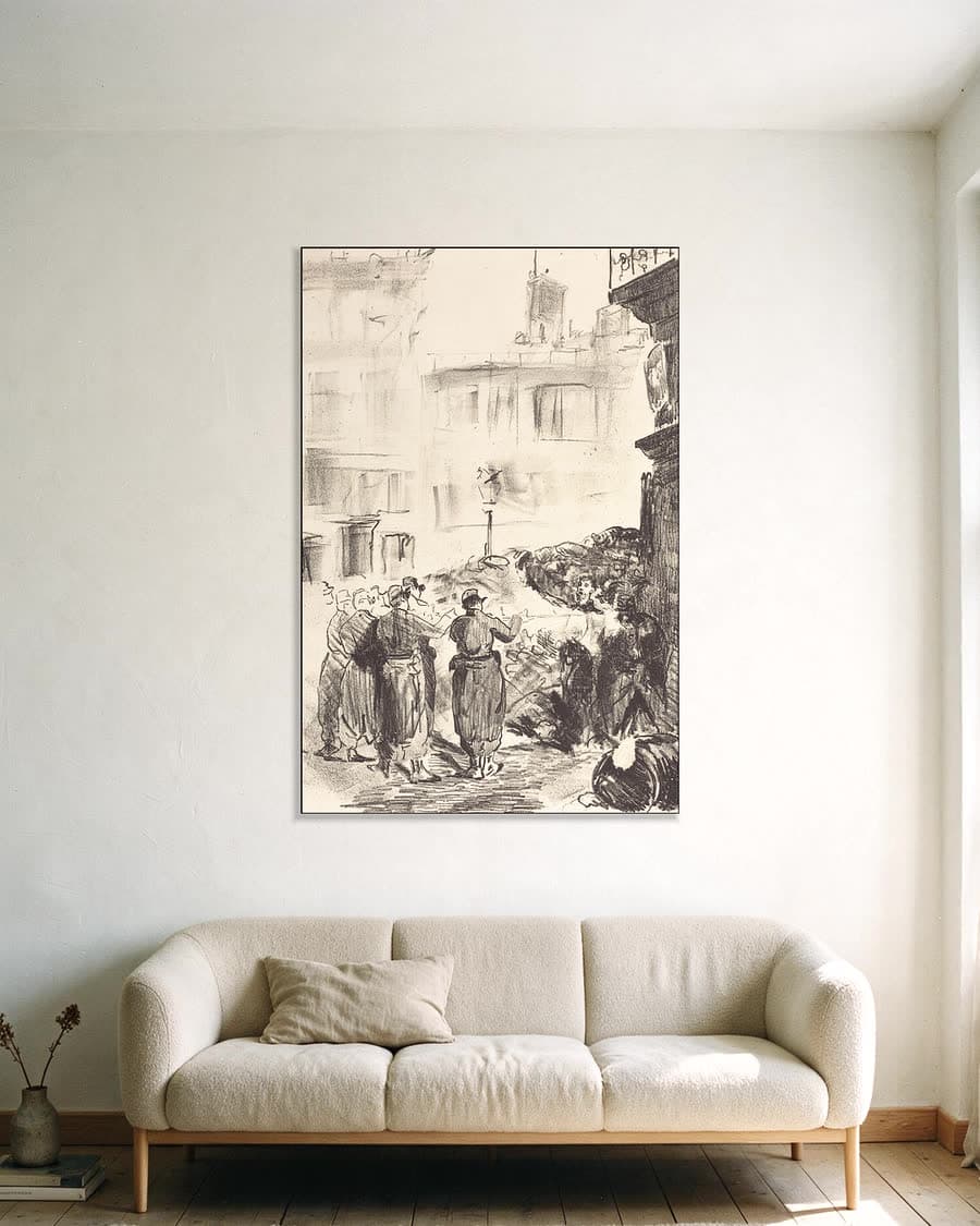 De barricade (La barricade) in een aluminium frame aan dezelfde muur