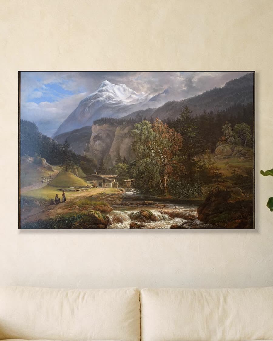 Alpenlandschap in een aluminium frame aan dezelfde muur