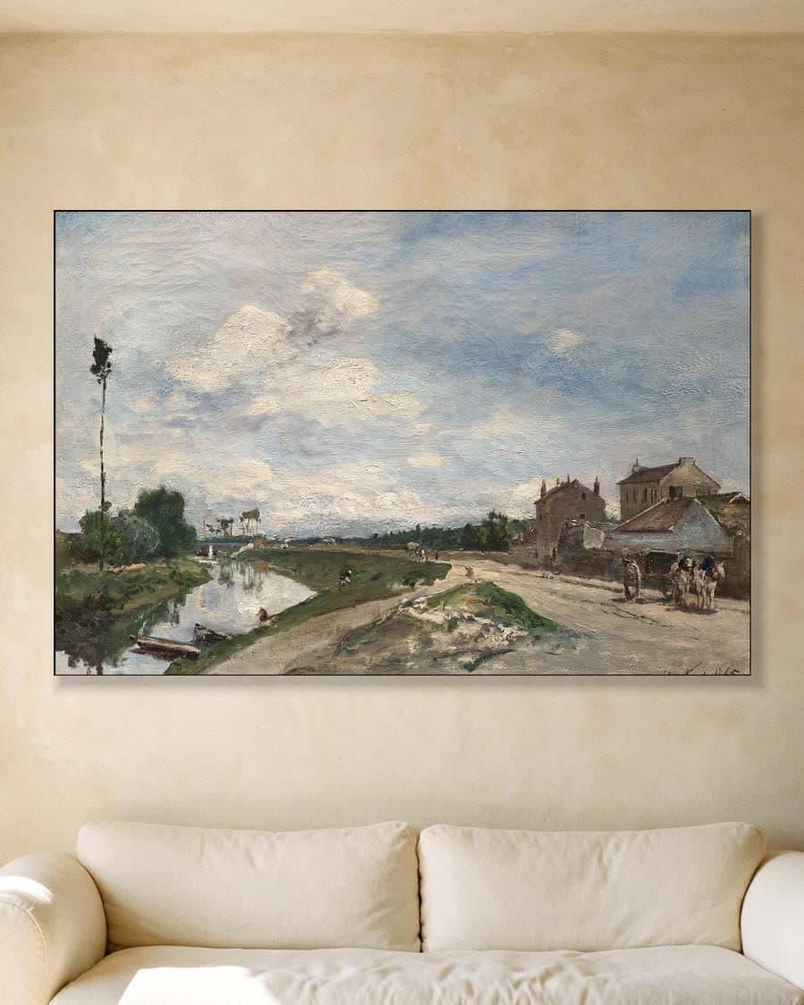 Dorpsgezicht aan het water in een aluminium frame aan dezelfde muur