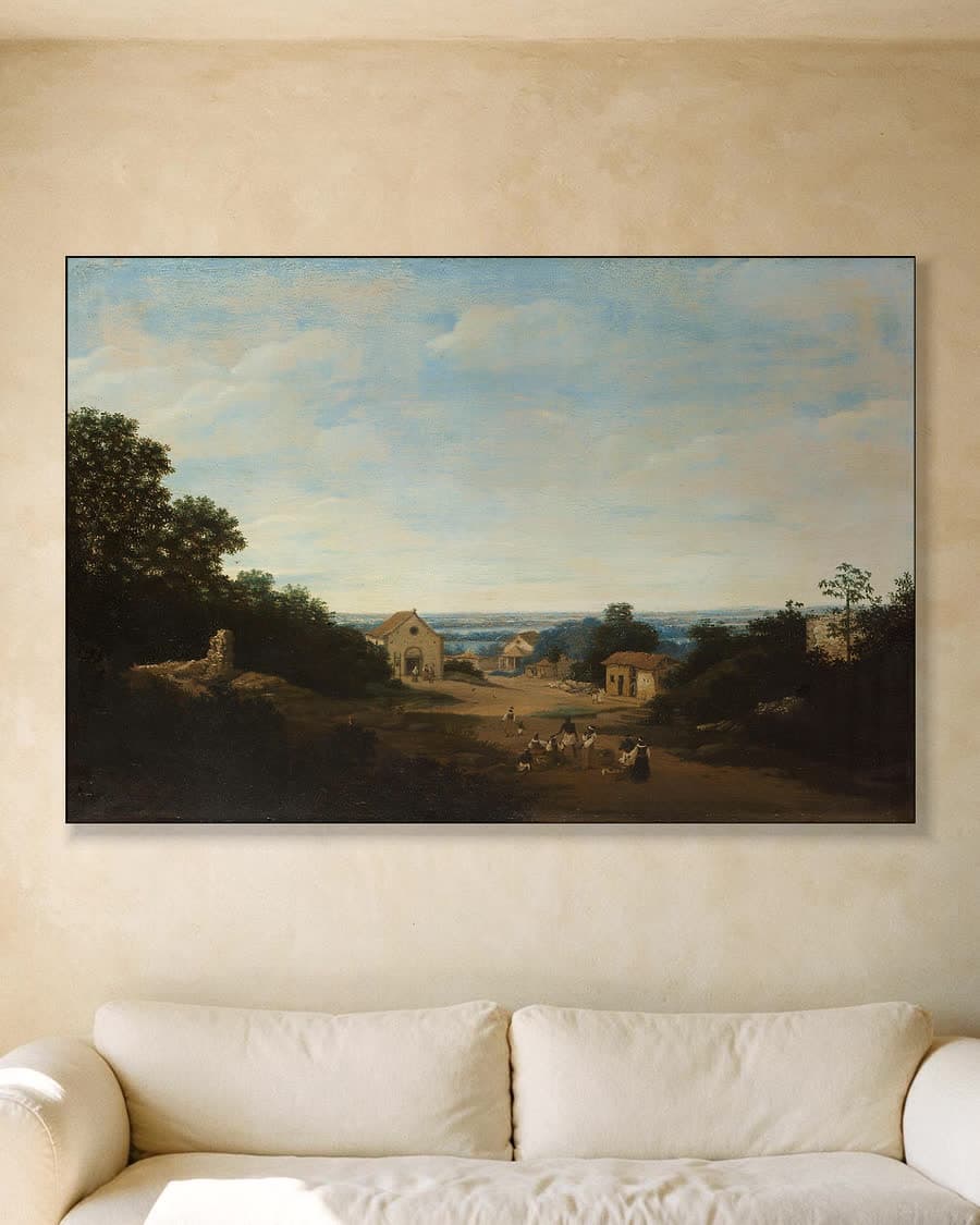 Dorpsgezicht met verre horizon in een aluminium frame aan dezelfde muur