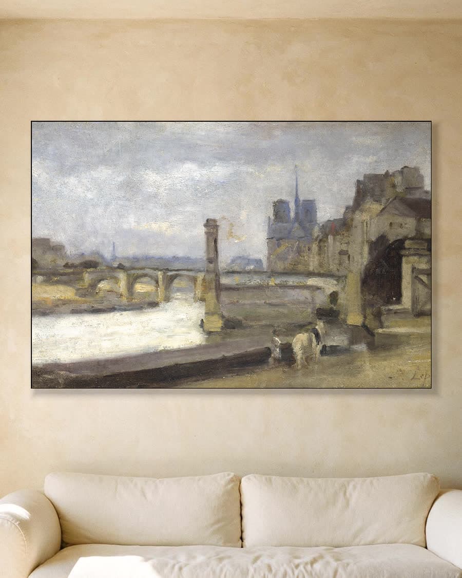 Gezicht op de Seine met Notre Dame in een aluminium frame aan dezelfde muur