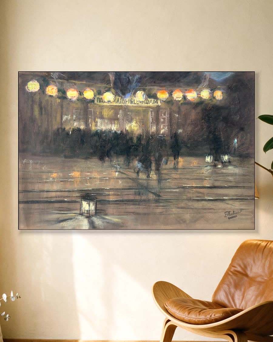 Avond op de Dam in een aluminium frame aan dezelfde muur