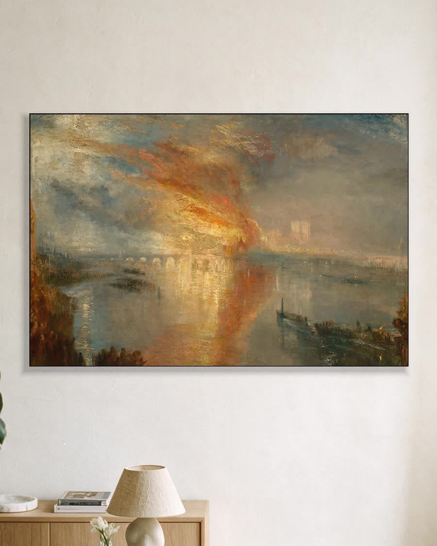 De brand van het parlement in een aluminium frame aan dezelfde muur