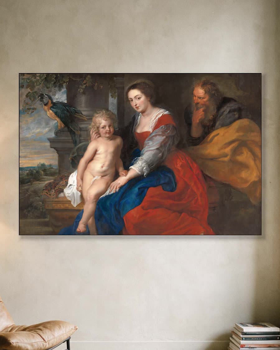 De Heilige Familie met de papegaai in een aluminium frame aan dezelfde muur