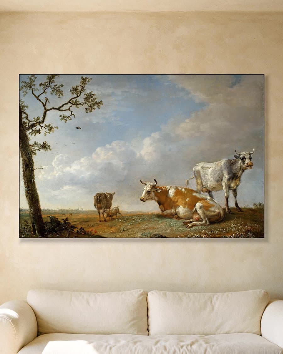 Rustende dieren in de weide in een aluminium frame aan dezelfde muur