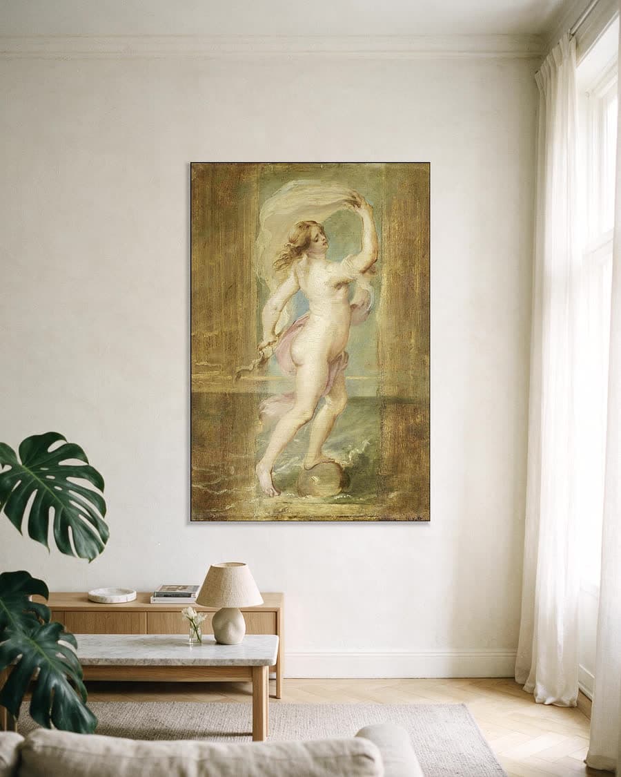 Fortuna, godin van het geluk in een aluminium frame aan dezelfde muur
