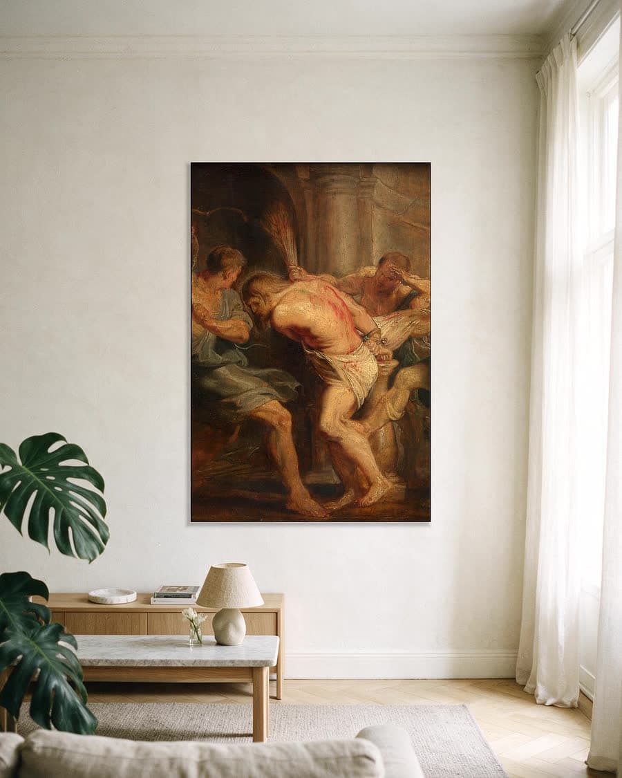 De geseling van Christus in een aluminium frame aan dezelfde muur