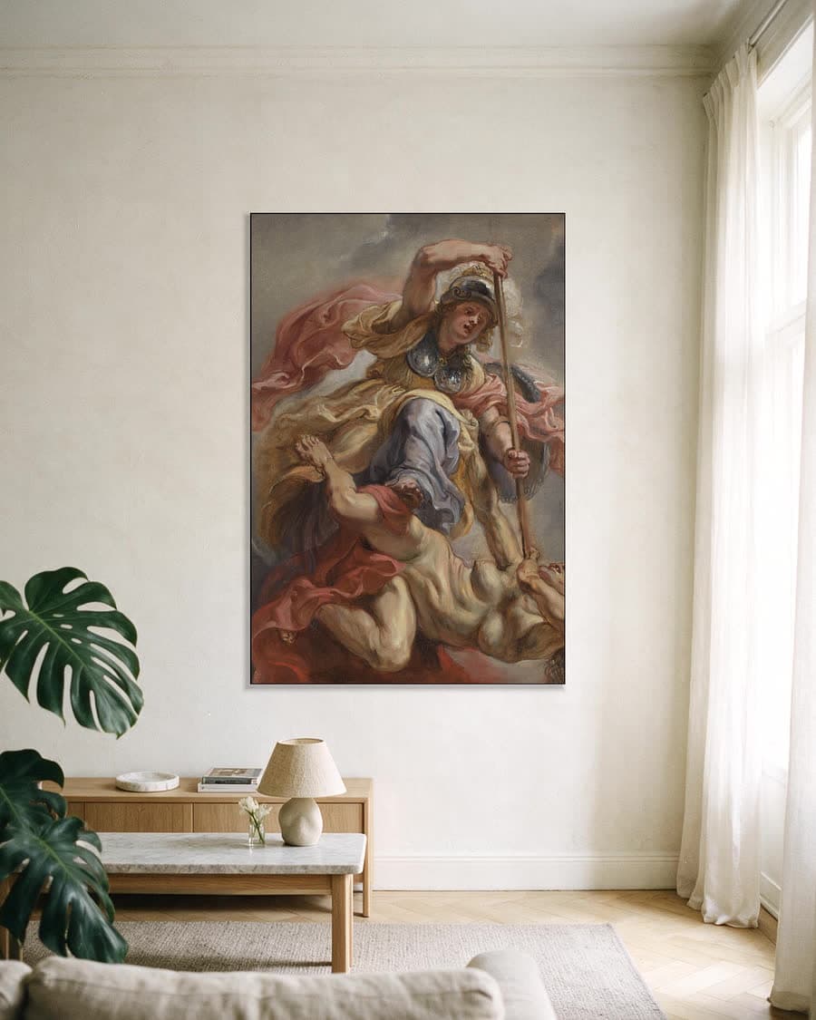 Minerva overwint de onwetendheid in een aluminium frame aan dezelfde muur