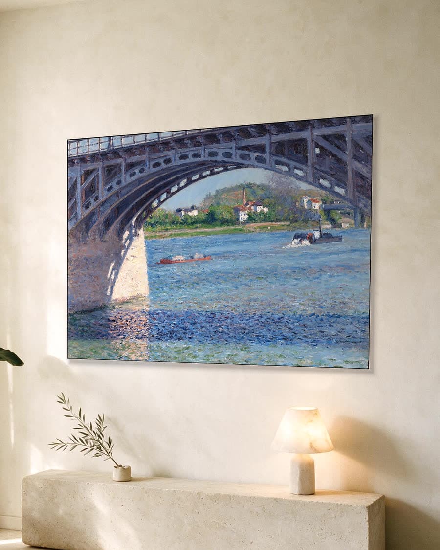 De brug van Argenteuil en de Seine in een aluminium frame aan dezelfde muur