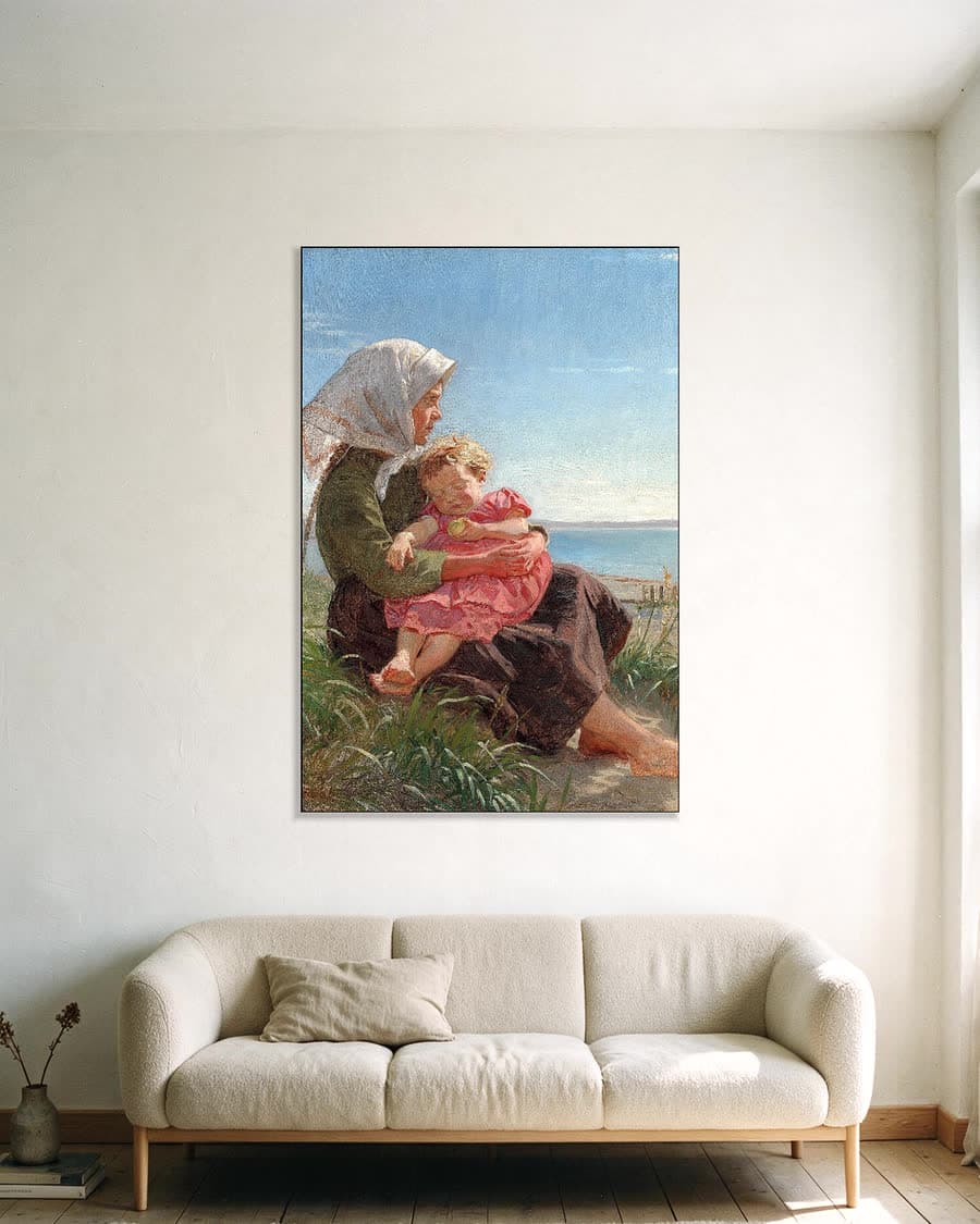 Klein meisje op blote voeten bij het strand van Hornbæk in een aluminium frame aan dezelfde muur