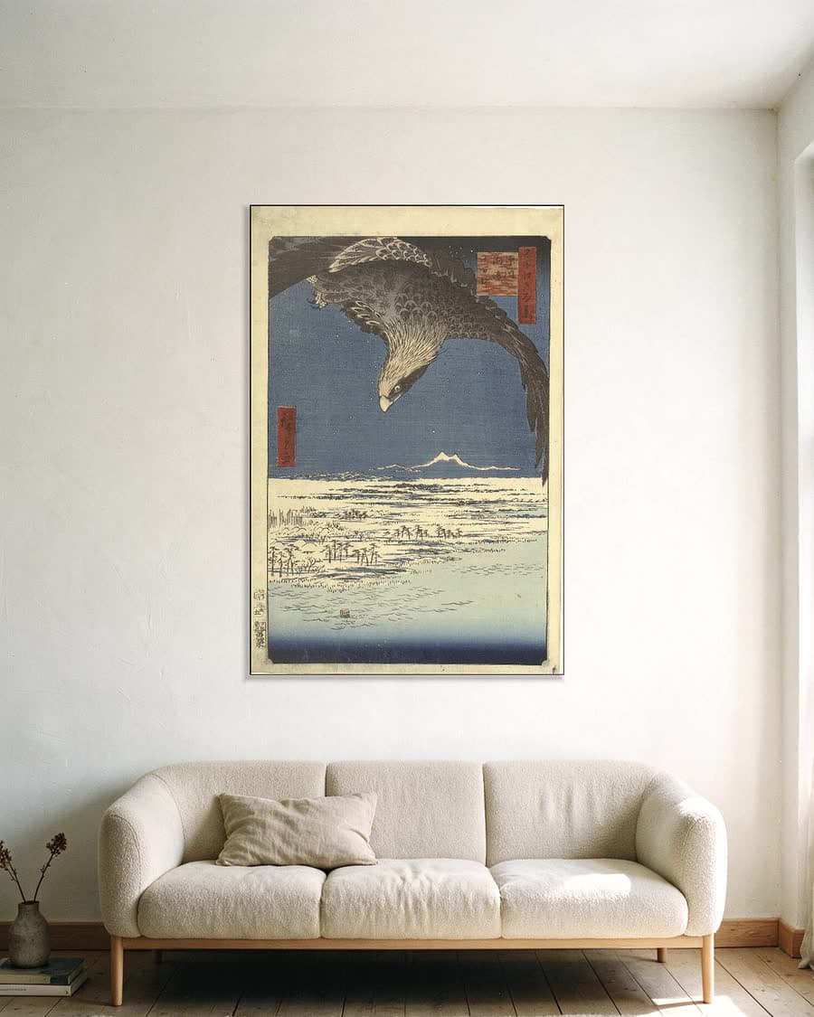 Adelaar boven Fukagawa in een aluminium frame aan dezelfde muur
