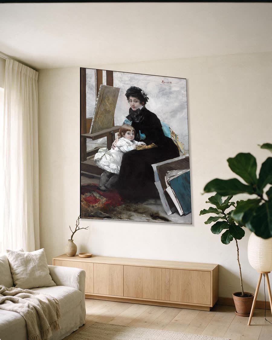 Madeleine Lerolle en haar dochter Yvonne in een aluminium frame aan dezelfde muur
