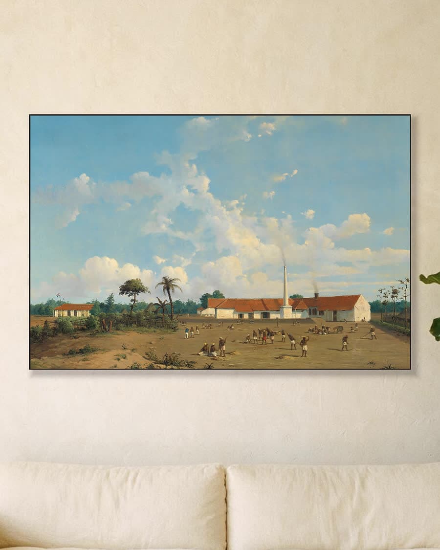 De suikerfabriek Kemanglen bij Tegal op Java in een aluminium frame aan dezelfde muur