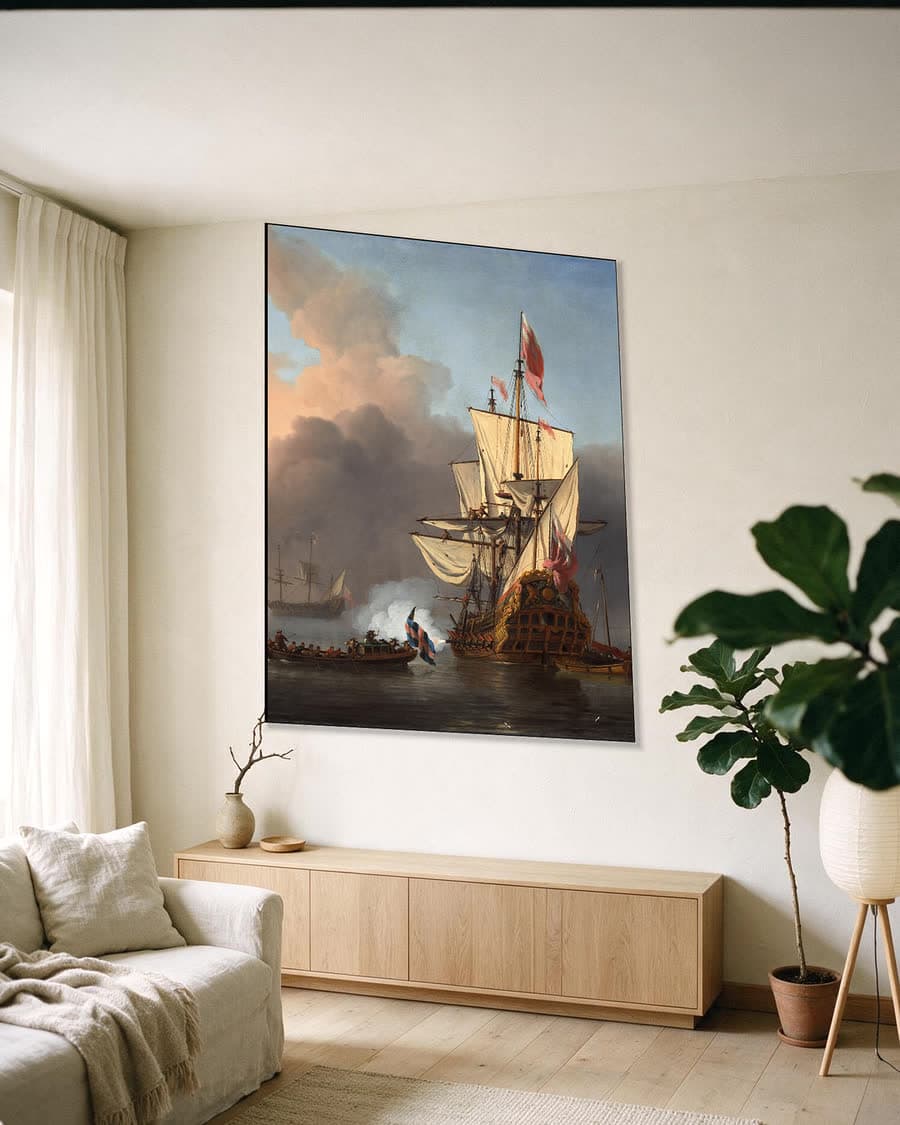 Een Engels oorlogsschip lost een saluutschot in een aluminium frame aan dezelfde muur
