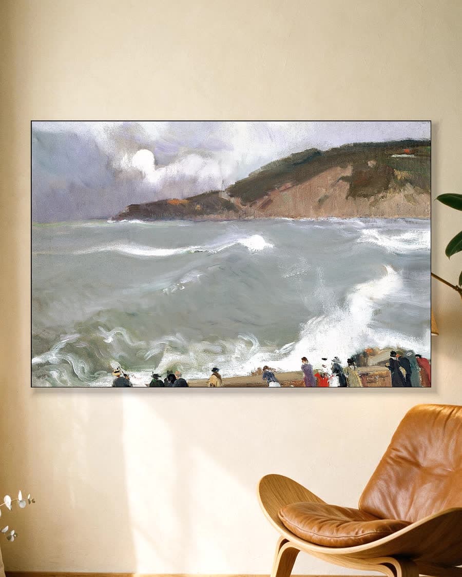 De golfbreker bij San Sebastián in een aluminium frame aan dezelfde muur