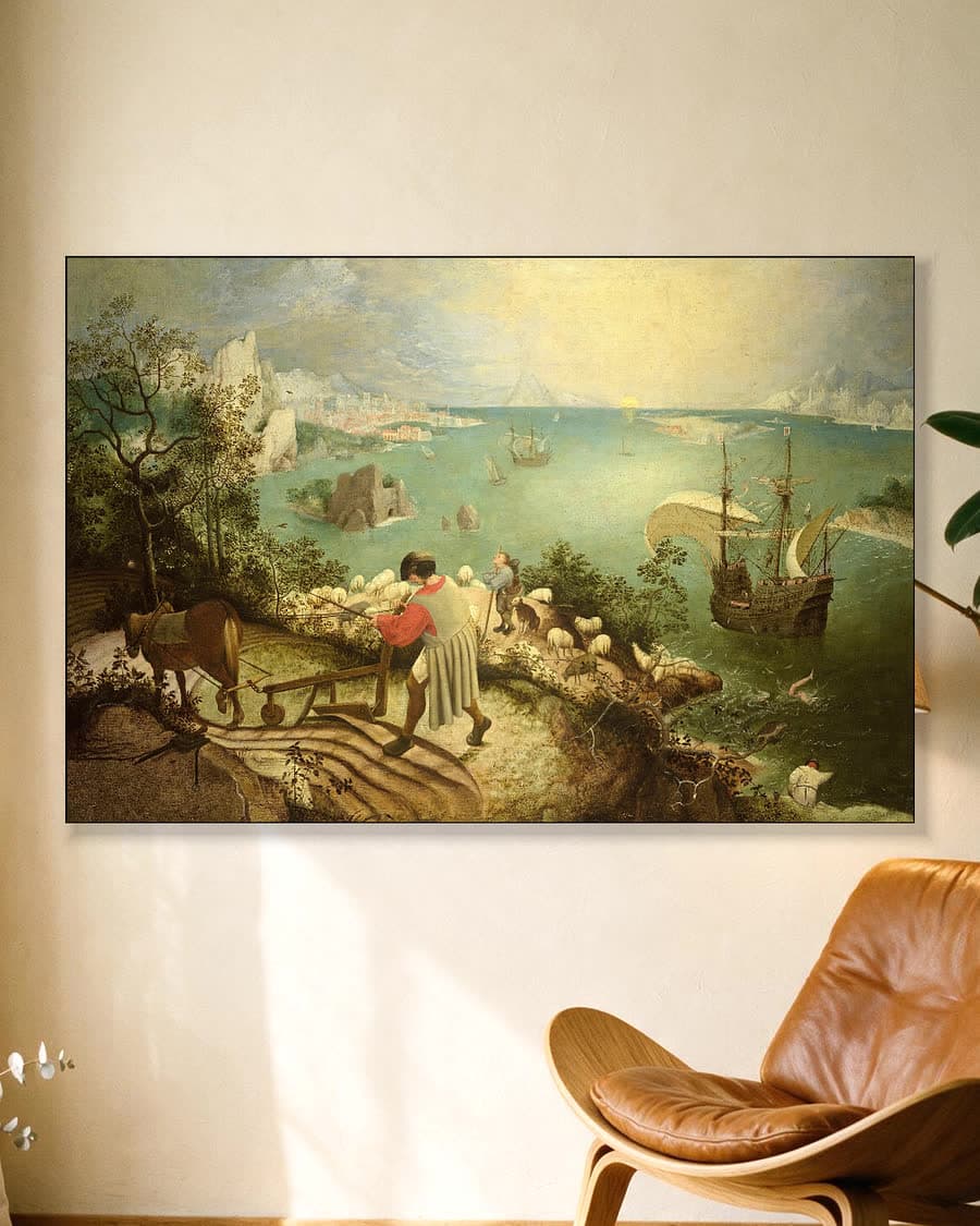 Landschap met de val van Icarus in een aluminium frame aan dezelfde muur