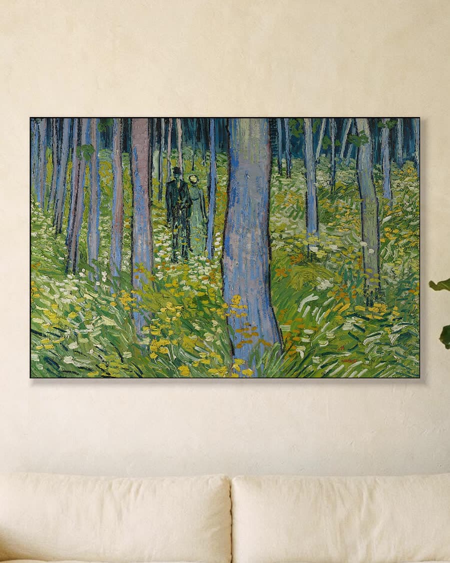 Kreupelhout met twee figuren in een aluminium frame aan dezelfde muur