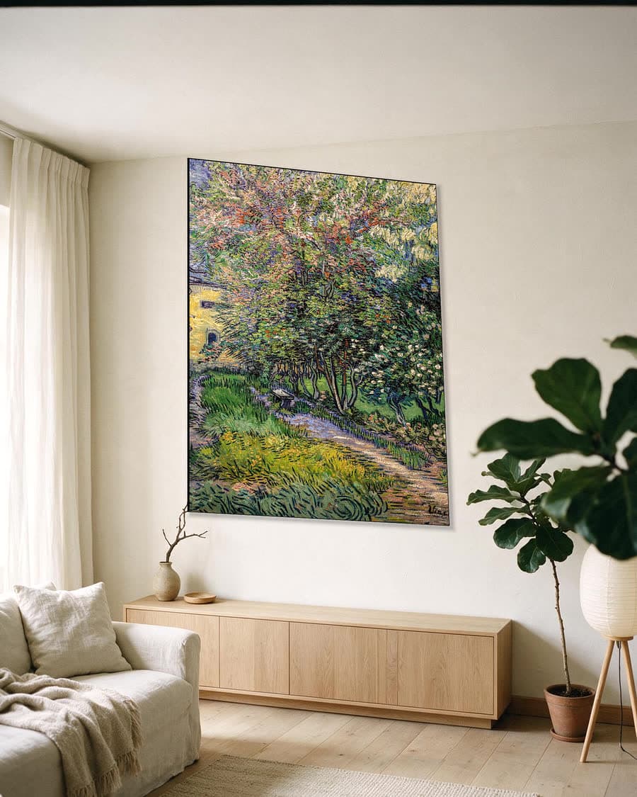 De tuin van het gesticht in Saint-Rémy in een aluminium frame aan dezelfde muur