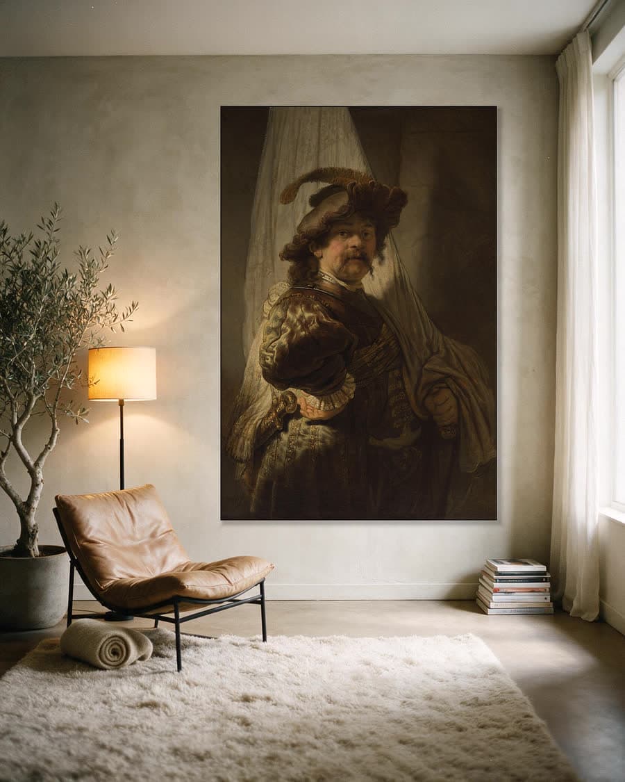 De Vaandeldrager (1636) in een aluminium frame aan dezelfde muur